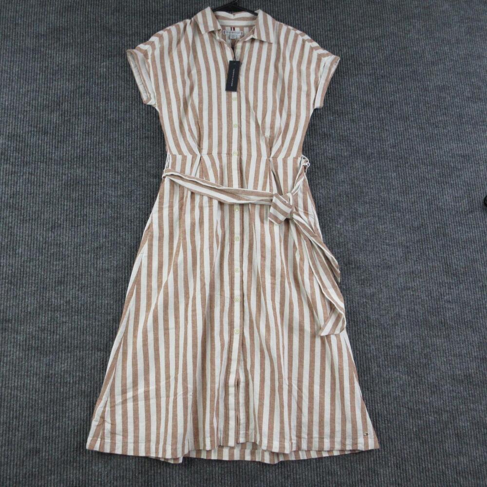 Tommy Hilfiger Dress Womens XXS Beige Striped Shirt Dress Midi Linen Cotton NWT